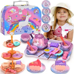 EPT Kids Kitchen Toys Pretend Play Preschool Metal Afternoon Tea Food Card Toy Tea Party Set For Girl
