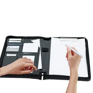 काले लक्जरी चमड़े Padfolio पोर्टफोलियो संग्रह फ़ाइल फ़ोल्डर A4 पत्र आकार लेखन पैड के साथ धातु क्लिप जिपर