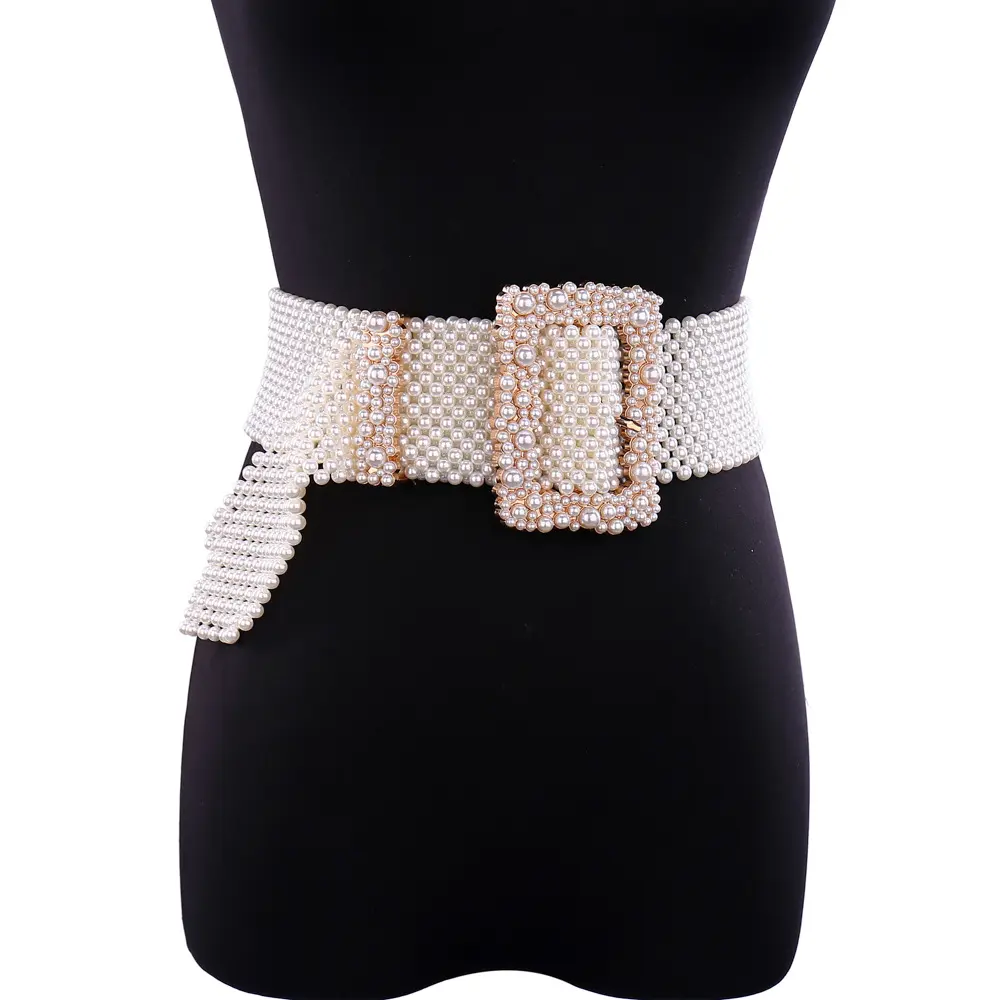 Cinturón de perlas artificiales de cintura ancha para mujer, correa de lujo hecha a mano con cuentas blancas, con hebilla cuadrada