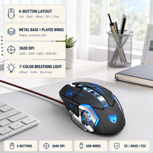 Souris de jeu filaire USB, 6 boutons, <span class=keywords><strong>3600</strong></span> DPI, lumière respirante 7 couleurs, base et ailes latérales en métal, OEM ODM, Plug and Play, CE ROHS FCC V6 - Product Image 3