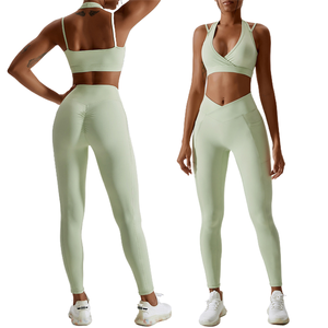 Ensemble de <span class=keywords><strong>sport</strong></span> pour femme avec logo personnalisé, comprenant un soutien-gorge de <span class=keywords><strong>sport</strong></span> dos croisé et un legging long de fitness et yoga - Product Image 1