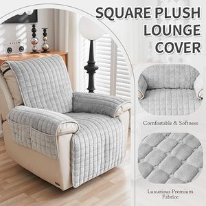 Housse de fauteuil inclinable grande taille en fausse laine matelassée lavable sur mesure avec poches latérales, sans danger pour les enfants et les animaux domestiques, couleur gris - Product Image 3
