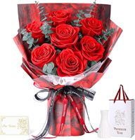 Susunan Mawar Merah Awet, Set Hadiah Bunga Abadi dengan Vas Kaca untuk Dekorasi Rumah dan Ulang Tahun