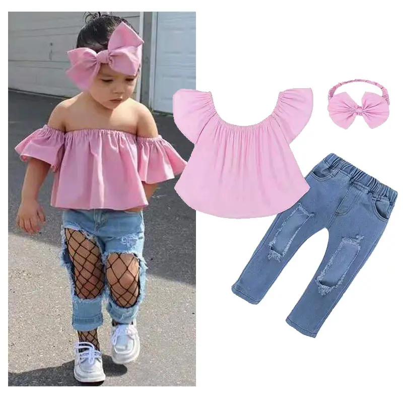 Fashion Summer Spring Girl Kids Clothes Off Shoulder Tops Pants Jeans 2 3 4 5t Girls Outfits Toddlers Clothes Set for Girls