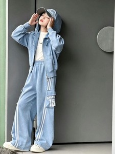 Nuovi Set di Abbigliamento in Denim per Ragazze, Giacca con Cerniera in Denim + <span class=keywords><strong>Pantaloni</strong></span> Casual, Giacca con Cappuccio Autunnale + <span class=keywords><strong>Pantaloni</strong></span> per Ragazze - Product Image 3
