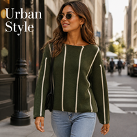 Pull ras du cou à rayures verticales pour femme, coupe décontractée avec épaules tombantes, en maille de polyester douce, disponible en OEM/ODM