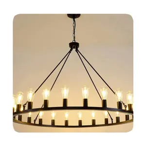 NEW Modern Farmhouse Black Metal Wagon Wheel Large Round Light Fixture Iron Ring Chandelier With Glass Shade Hotel 2024