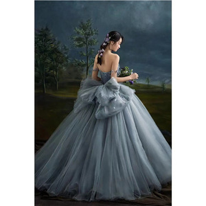 Haze Blue Floor-Length Ball Gown Strapless Tulle Wedding Dress Natural Waistline Backless Design For Studio Photography - Product Image 1
