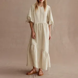women long dress three quarter sleeve eco-friendly material 100% linen fabric dress traditional classic style custom wholesale