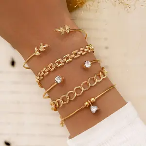 Trendy Geometric Women Gold Wrist Leaves Heart Pendant Open Cuff Bangle Link Chain Rhinestones Bracelet Bangle Set Girls Jewelry
