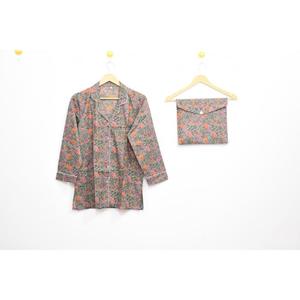 Antique Hand Block Print Pajama Set 100% Cotton <b>Three</b> <b>Quarter</b> Sleeve Turn-Down Collar Long <b>Pants</b> Sleepwear Casual Wear - Product Image 2