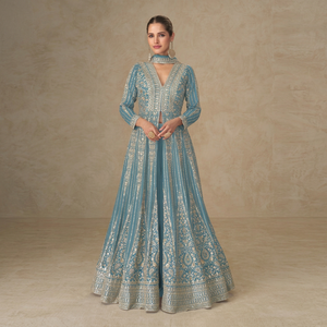 Traje Anarkali Azul con Bordado, Salwar Kameez, Estilo Patchwork, Vestido de Boda Pakistaní para Mujer - Product Image 1