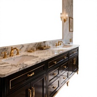 Ensemble de meubles de salle de bain et de cuisine mural de luxe moderne pour villa avec armoire en laque noire, plan de travail en PVC, lavabo en céramique, robinet antique