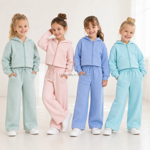 Ensemble deux pièces en polaire pour enfants : Crop top à capuche, sweat à manches longues zippé et pantalon large. Faible MOQ, prix usine, ODM et OEM. - Product Image 3