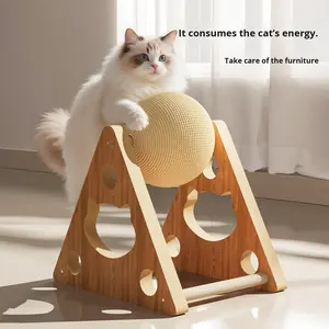 Rascador Interactivo Clásico de Alta Calidad para Gatos, con <span class=keywords><strong>Bola</strong></span> de Madera, Cuerda de Sisal Envuelta a Mano y Juguete de Plumas para Gatos - Product Image 1