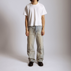 Pantalones de carpintero con apertura de pierna acampanada para hombre personalizados, doble rodilla, lavado ligero, decoloración, ligero amarilleo, Deni amarillo acampanado - Product Image 3