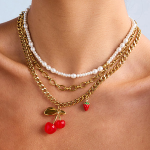 <b>Cherry</b> Pendant Stainless Steel <b>Necklace</b> With Strawberry Charm Fruit Themed Jewelry Gift - Product Image 2