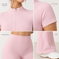 Ensemble de sport deux pièces personnalisé pour femme : haut court à demi-zip et manches courtes, pantalon de yoga évasé taille haute assorti