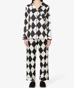 Pyjama de luxe à motif personnalisé, ensemble de 2 pièces à manches longues, vêtements de nuit en Satin imprimé losange, vêtements de nuit pour femmes