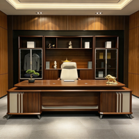 Bureau de direction moderne en bois grainé avec armoires de rangement symétriques et passe-câbles