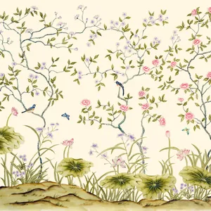 Importazione ed esportazione di pannelli murali carta da parati dipinta a mano in seta con ricamo Chinoiserie beige