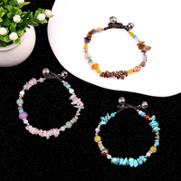Bracelet tressé ajustable en argent avec perles de pierres naturelles, fait main, style bohème, avec breloque clochette, pour femme