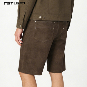 Premium Men's Faux Suede Shorts Button Closure Washed Texture Cotton <b>Blend</b> Mid-Length Urban Fashion - Product Image 3