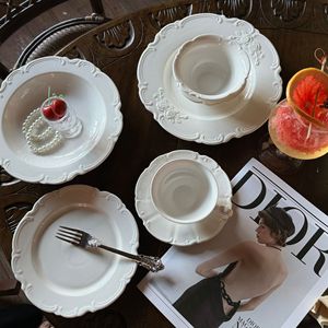 European Style Embossed Lace Design White Ceramic Dinner Plates <b>Set</b> Floral Shape White Charger Plate <b>Set</b> for Wedding Event - Product Image 1