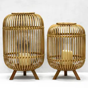 Bamboo Hurricane Lantern Candle Holder Round Vintage Candle Lantern with Stand And Glass Shade For Home Indoor Decorations