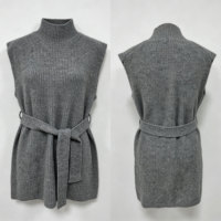Gilet tricoté minimaliste pour femme, pull sans manches à col roulé, tunique ceinturée, luxe discret, élégant pour le bureau, tricot gris