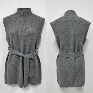 Gilet Minimalista da <span class=keywords><strong>Donna</strong></span> in Maglia, Maglione Senza Maniche a Collo Alto, Tunica con Cintura, Lusso Discreto, Elegante Abbigliamento da Ufficio, Maglieria Grigia - Product Image 4