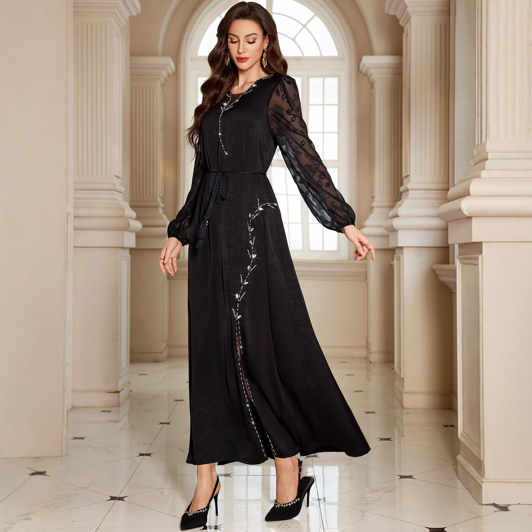 Elegant Black Arabic Dress - Maxi Long Sleeve Abaya 2025