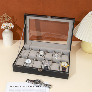 Boîte de présentation de montre en cuir PU rétro à 12 fentes avec grande fenêtre mallette de rangement grise pour montres - Product Image 1