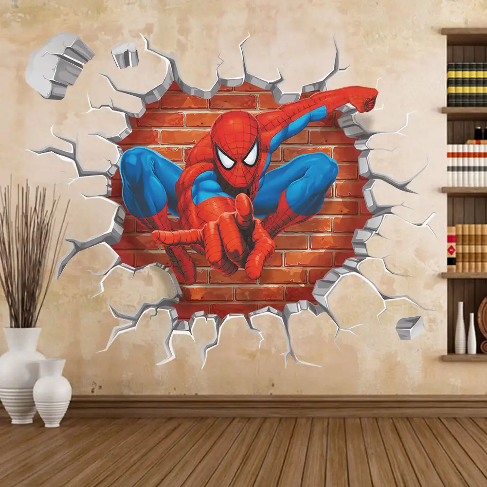 Stiker Dinding Kartun 3D Dekorasi Kertas Dinding Kamar Tidur Anak Dekor Rumah PVC 3D Spiderman Stiker Dinding