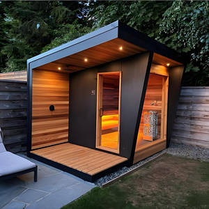 HG Custom Outdoor Room Canadian Hemlock <b>Red</b> Cedar Modern Wooden Cube with Panoramic Glass and Wood Burning Stove - Product Image 2
