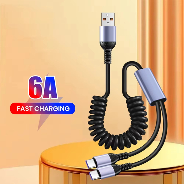 2 in 1 6A Fast Charging Spring Data Cable Retractable USB a to Type C Cable for iPhone 15 16 17 pro max Samsung Xiaomi