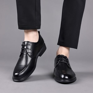 Chaussures d'été pour hommes en cuir pleine fleur, à lacets, antidérapantes, légères, formelles, à bout pointu, ajourées, respirantes, haut de gamme, décontractées - Product Image 6