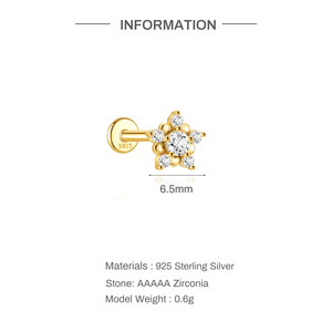 Piercings de Cartílago de Plata de Ley 925 con Baño de Oro de 18K, Diseño Floral con Circonita 5A, Joyería para Mujeres y Niñas - Product Image 6