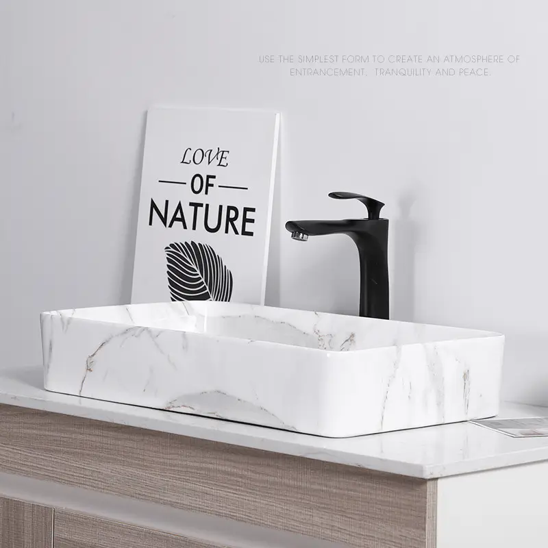 Nordic Simple Marble Pattern Art Above Counter Wash Basin Home Toilet Ceramic Bathroom Vessel Sink Square Washbasin Faucet