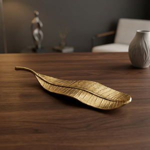 Statement Gold Plated Aluminium Leaf <b>Decorative</b> Tray Irregular Shape Modern Design Plant Theme Vertical Pattern Tabletop Vase - Product Image 3
