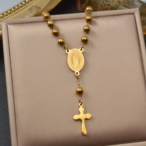 Western Geometric Gold Plated Glossy Ball <b>Rosary</b> Cross Guadalupe Virgin Oval Medal Adjustable 316L Stainless Steel Women's - Product Image 5