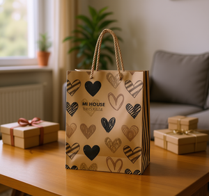 Sacchetto regalo in carta kraft a righe con motivo a cuore, manici ritorti, stampato a serigrafia per uso regalo e artigianale - Product Image 2