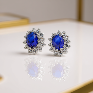 Pendientes elegantes con forma de flor, aleación de zinc chapada en rodio, cristal azul para mujer, estilo clásico de fiesta - Product Image 2