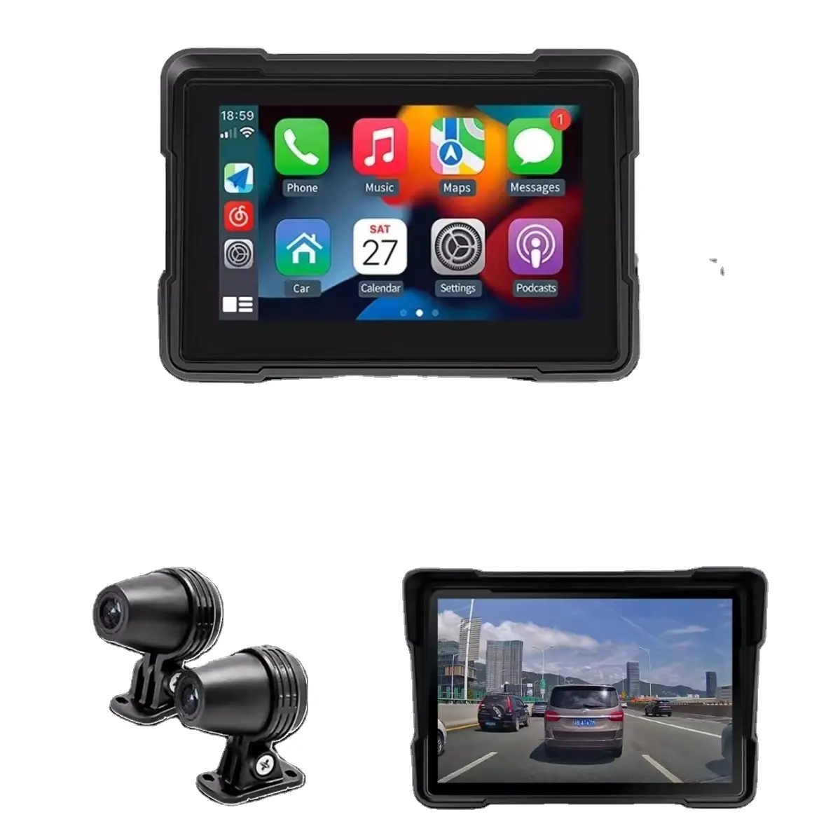 GPS moto avec Carplay Navigation moto Écran tactile 5 pouces Double enregistrement DVR Lecteur radio moto