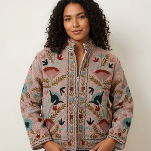 Sujani Eco-friendly Natural Dyes Quilted Knitted Floral Blazer <b>Jacket</b> Khadi Cotton Satin Stand Collar Double Breasted Autumn - Product Image 1