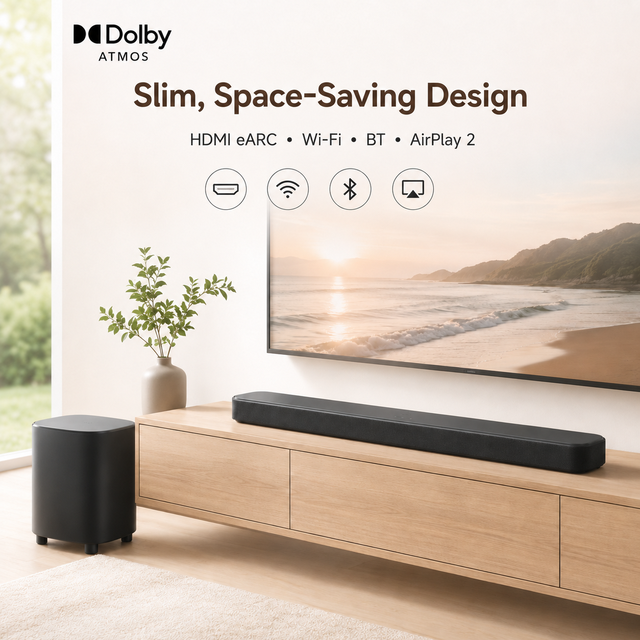 JXX 10-Inch Wireless Subwoofer Soundbar, 750W Dolby Atmos Audio, EARC Wi-Fi Home Theater System for TV