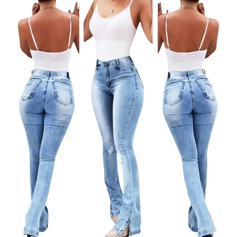 Aqtq Professionele Custom Dames Denim Jean Broek Hoge Taille Flare Jeans Voor Vrouwen Stijlvolle