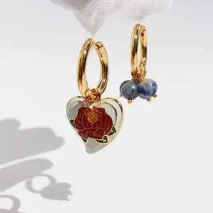 High-grade Double-sided Enamel Cloisonne Love Shaped Earrings Personality New Chinese Earrings Natural Stone Drop 385