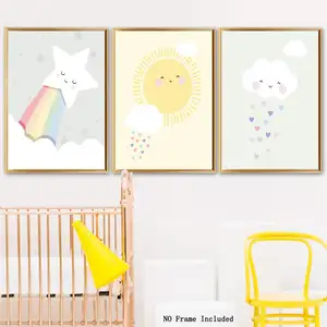 도매 귀여운 아기 어린이 방 보육 재미 있은 벽 아트 인쇄 만화 구름 태양 스타 캔버스 수채화 그림 현대 벽 예술