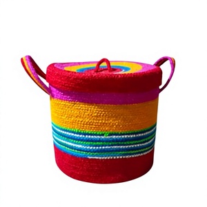 Colorful Jute Woven Straw Storage Basket <b>with</b> Handle <b>Lid</b> Rope Organizer <b>Bin</b> for Living Room Nursery Bathroom - Product Image 1